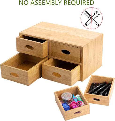 ZOOFOX Bamboo Desk Organizer, 100% Natural Bamboo Storage Box with 4 Drawers for Makeup Vanity and Office Supplies