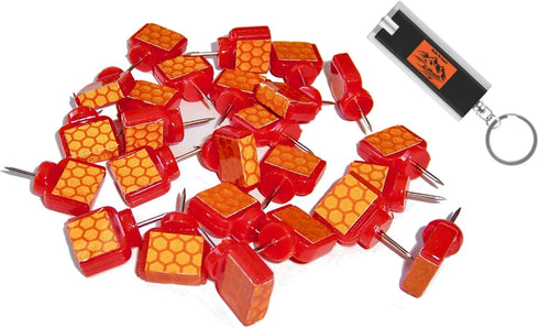 Orange Reflective Wing Tacks (Pack of 50), Glow Tacks, Hiking Markers, Trail Marking Tacks with Included LED Keychain
