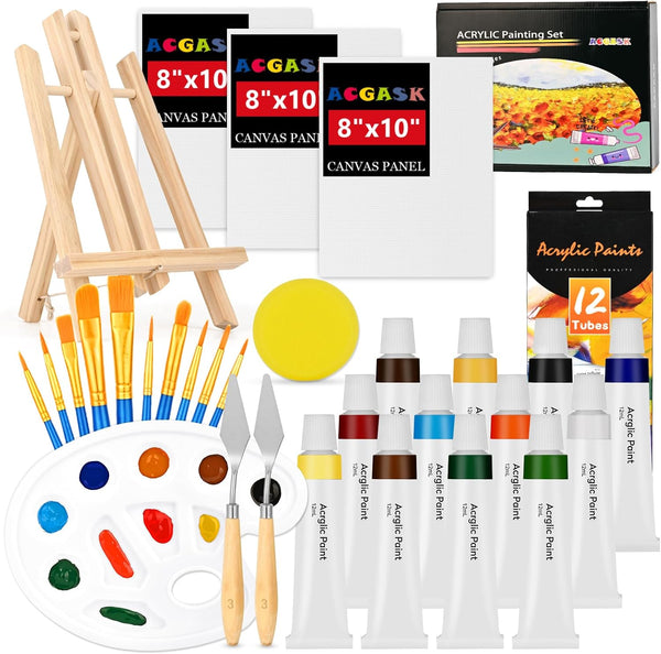 Painting Kits for Adults, 30 Pcs Acrylic Paint Canvas Easel Set with Wood Easel, Paints, Brushes, Palettes for Beginners