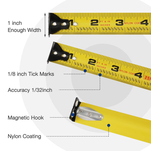 WORKPRO 25FT Auto-Lock Tape Measure, 1/8 Fractions, Easy Read, Double Stop Measurement Tape with Magnetic Hook