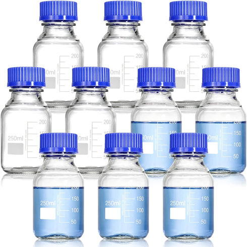 Yopay 10 Pack Media Storage Bottles with GL45 Blue Screw Cap, 250ml Reusable Glass Bottle for Labs or Home Use