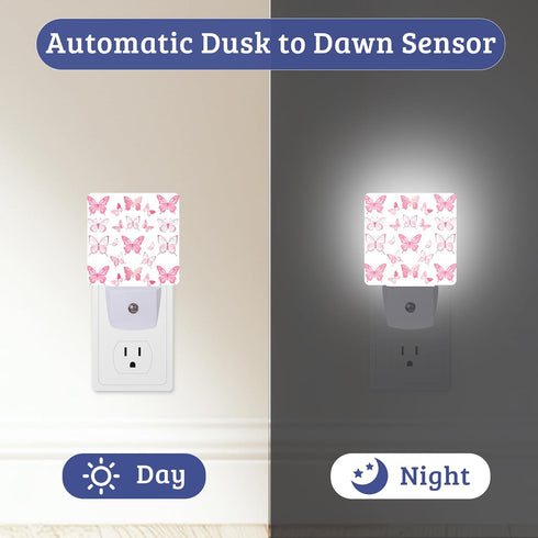 Pink Butterfly Night Light Plug Into Wall with Dusk to Dawn Sensor Wall Lamp, LED Nightlights for Bedroom, Bathroom