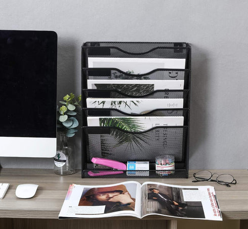 EasyPAG 5 Tier Wall File Organizer, Mesh Hanging File Holder with Bottom Flat Tray, Black