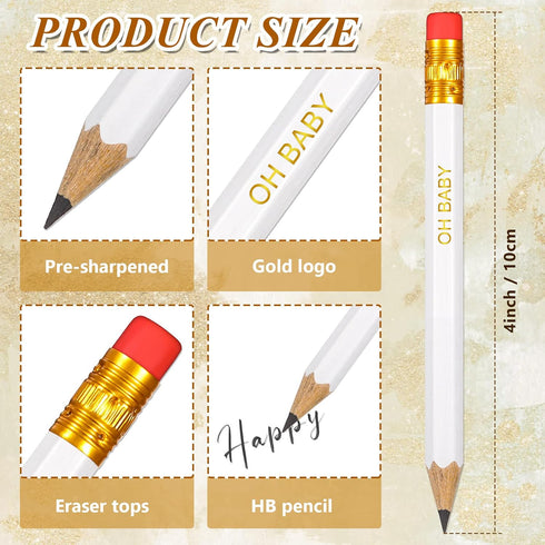 Crtiin 50 Pieces Half Pencils Baby Shower Pencils Sharpened Pencils with Erasers Pencils for Baby Shower Presharpened Pencils Woodcase Pencils for School Office Supplies, 4 Inch(White, Simple Style) by Crtiin