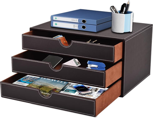 PU Leather Desk Organizer with 3 Drawers, Executive Office Supplies Desktop Filing A4 File Cabinet for Jewelry, Bill,