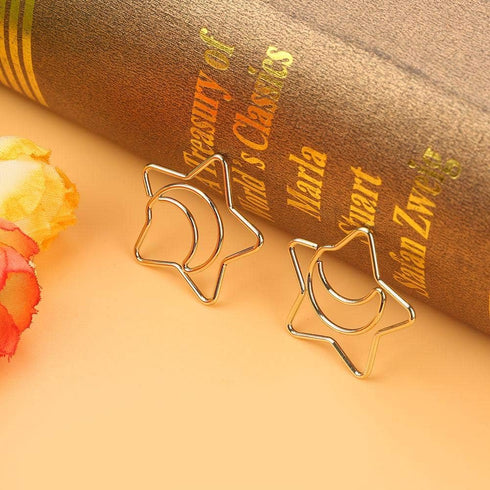 Golden Paper Clips, 10Pcs Funny Bookmark Marking Clips with Storage Case, Plastic Coated Electroplating Star Moon for