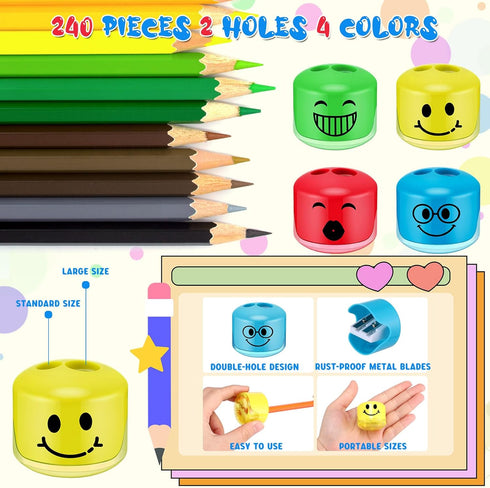Crtiin 240 Pcs Colorful Cartoon Expression Pencil Sharpeners, Manual Dual Holes Handheld Sharpener for School Office