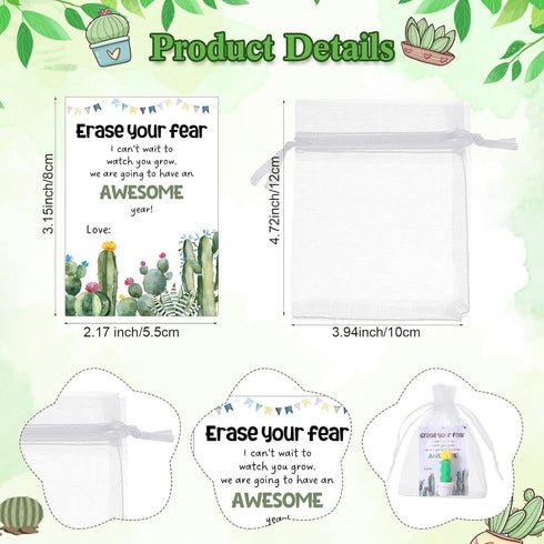 Spakon Christmas Erasers Gifts for Students, 50 Cactus Erasers, Plants Shaped, 25 Gift Cards, Organza Bags