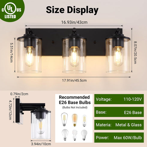 Mikniri 3-Light Bathroom Light Fixtures, Matte Black Bathroom Vanity Lighting Over Mirror with Clear Glass Shades