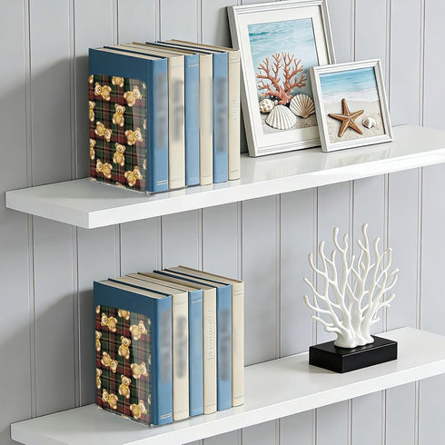J JOYSAY Holiday Teddy Bears Plaid Print Acrylic Bookends L Shaped Decorative Book Holders Stopper with Non Slip Pads
