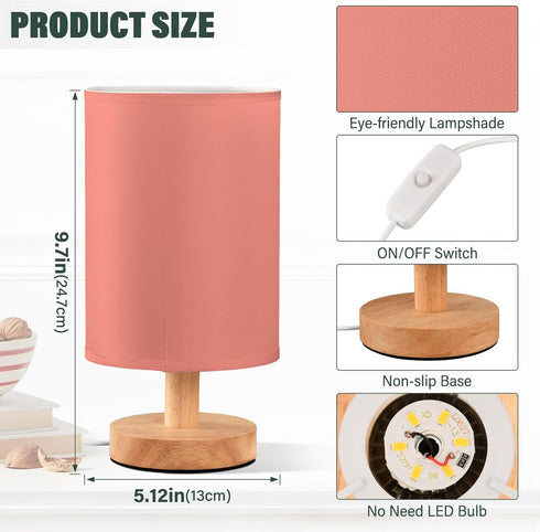 Bulb) Salmon Bedside Table Lamp for Bedroom Nightstand with USB Port Nightstand Lamp with Round Flaxen Fabric Shade