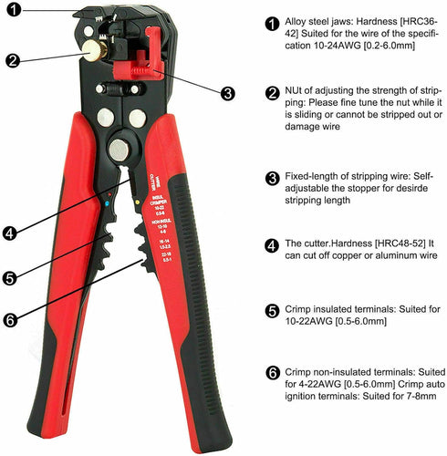 5 in 1 Self-Adjusting Wire Stripper Cutter, Multi-Functional Tool for 10-24 AWG