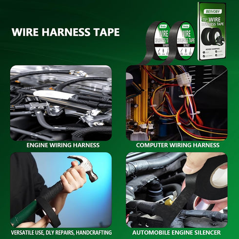2 (100FT Rolls High Temp Wire Harness Tape Total) OEM-Grade Automotive Cloth Fabric Tape for Engine Wiring Loom, Cable