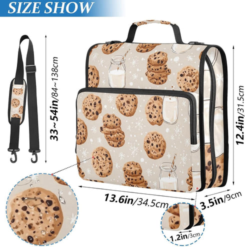 Krafig 3 Cookies Milk Pattern Cute Zipper Binder Bag Ring with Handle Shoulder Strap, Binder File Organizer Bag Storage