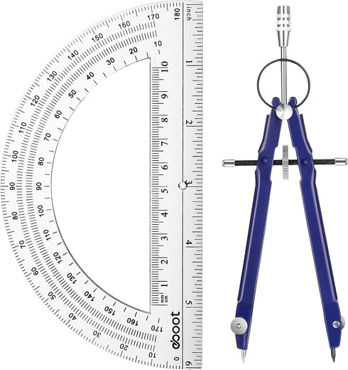 EBOOT Student Geometry Math Set, Drawing Compass and 6 Inch Clear Swing Arm Protractors for 180 Degree (Blue)