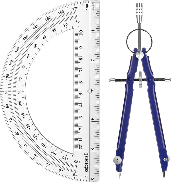 EBOOT Student Geometry Math Set, Drawing Compass and 6 Inch Clear Swing Arm Protractors for 180 Degree (Blue)