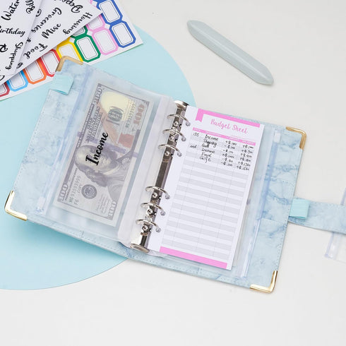A6 Budget Binder Leather Cash Envelopes Money Saving Binder with Zipper Envelopes for Budgeting Blue
