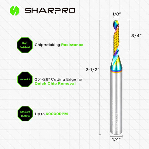 1/4 Inch 1/8" 3/4" 2-1/2"OVL. O Flute Upcut Spiral Router Bit Shank Cutting Dia. CL. Carbide Single Flute CNC Router