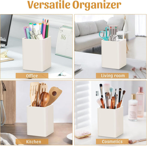 Pen Holder for Desk, Beige Nordic Elegance Square Silicone Pencil Cup Stand for Home, Kids, School Supplies