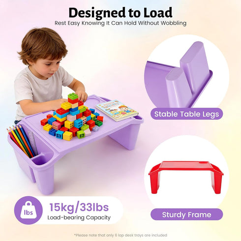 LIWBYYG 6 Pcs Kids Lap Desk Tray, Plastic Breakfast Lap Desk Trays with Side Pockets and Slot Portable Lap Bed Table
