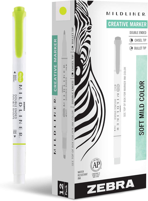 Zebra Pen Mildliner Double-Ended Highlighter Marker Set, 12-Pack, Broad and Fine Point Tips, Mild Citrus Green Ink