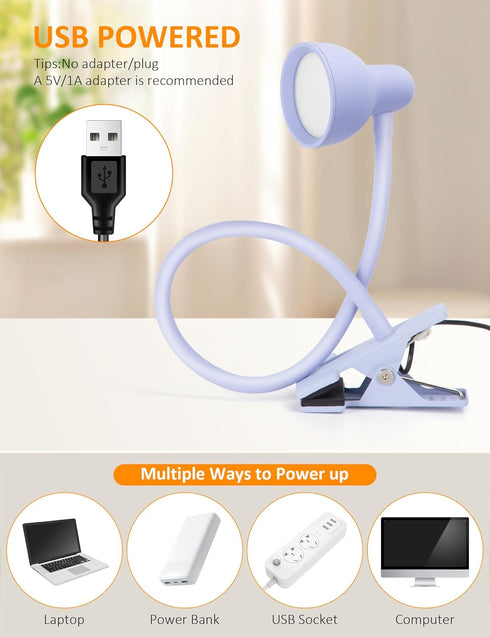 Clip on Lamp USB Reading Light, 3 Color Modes, 10 Brightness Dimmable, Flexible Gooseneck Desk Lamp for Home