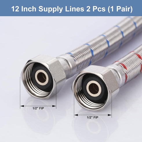 12 Inch Faucet Hose 1/2 to 1/2 , Braided Stainless Steel cUPC Supply Lines for Sink Attachment (1 Pair)