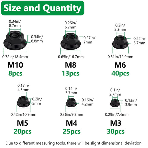 Aienxn 136PCS 6 -M3, M4, M5, M6, M8, M10 Metric Sizes Black Carbon Steel Hex Flange Nuts Assortment Kit