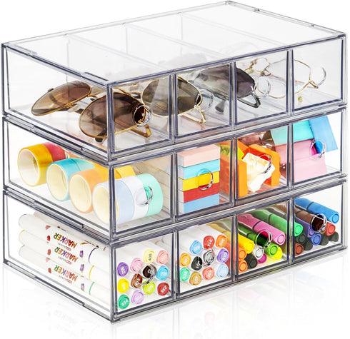 Desk Organizer with 12 Drawers, FODIENS Stackable Desktop Storage Box with Removable Drawer, Clear Sunglasses Organizer