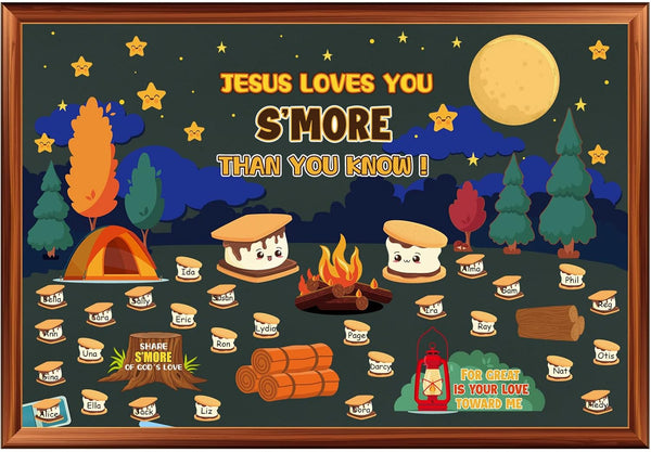 Jesus Loves You S'more Bulletin Board Set for Sunday School Decorations, Classroom Religious Bible Verse Cutouts