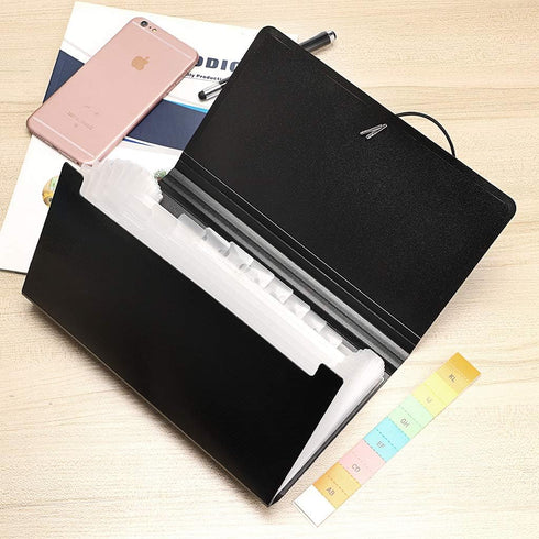 BTSKY Expanding File Folder - 13 Pockets Accordion File Organizer for Receipts, Coupons, and Cards - Black with Rope