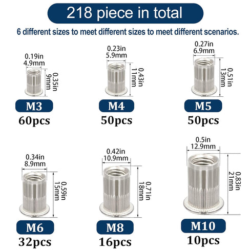 Vifmy 304 Kit(218 Pcs),M3 M4 M5 M6 M8 M10 Set,Rivnut Metric Stainless Steel Rivet Nut Assortment Flat Head Rivnut