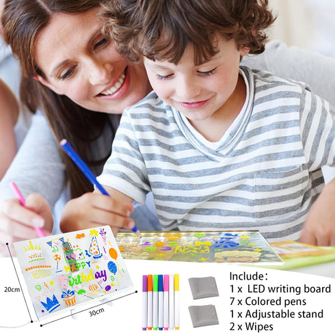 LED Acrylic Note Board with Light, 11.81 x 7.87", Clear Dry Erase Board with 7 Colors Pen for Home, School