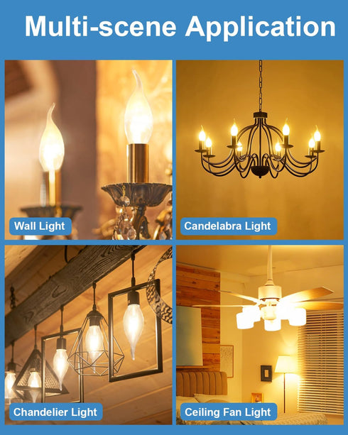 E12 B10 Bulb 2700K, 40W Bulbs, 400 Dimmable, 120V Bulbs (12-Pack) Clear Candle Base with Warm White Candelabra Light