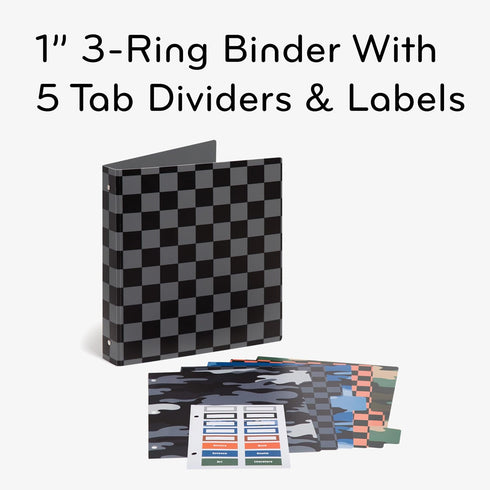 U Brands Poly Performance 1" Binder with 5 Tab Dividers and Labels, Checkered Print, Silver Metal O-Rings by U Brands