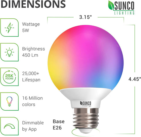 Sunco Lighting Smart Globe Bulbs G25 LED, Alexa Compatible, Color Changing RGBCW, Dimmable WiFi, 2 Pack