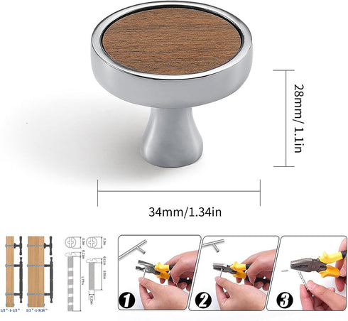 10 pcs Walnut Round Drawer Knobs with Bright Chrome Finish - Zinc Alloy Cabinet Handles
