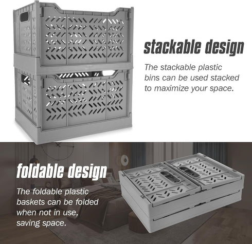 Domiella 2-Pack Stackable Storage Crates - Foldable Plastic Crate for Office Home Kitchen Bedroom Bathroom (Tall, Gray)