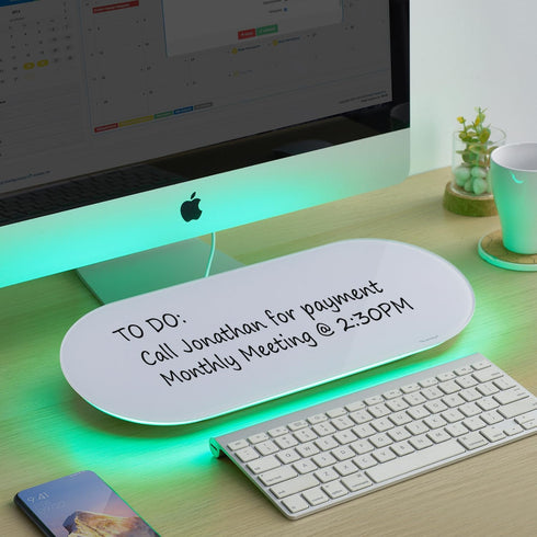 TSJ OFFICE Glass Desktop Whiteboard, 17 X 7 Inches Small Dry Erase Board with Green Light, Notepad with 1 Drawer