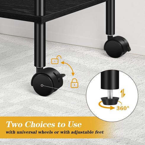 Black Printer Stand with Storage, 3 Tier Rolling Cart with Wheels, Large Printer Table for Home Office