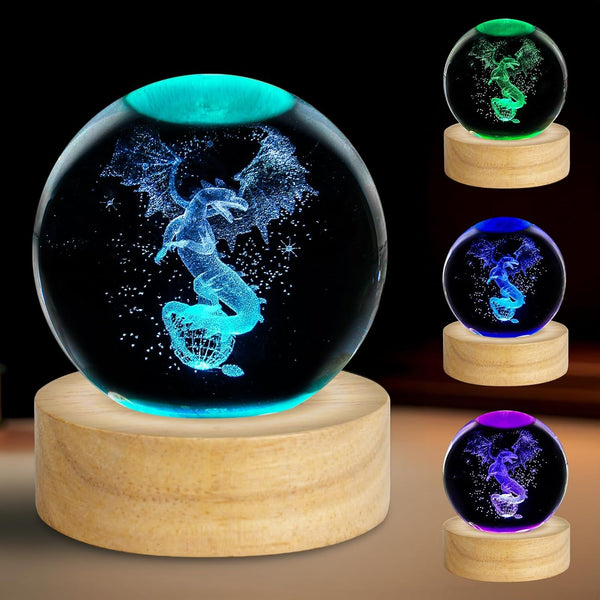 Vuebkkry 3D Dragon Crystal Ball Night Light with 16 Colors, Cool 60mm Dragon