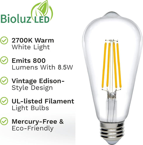 Bioluz LED 92 CRI Dimmable Edison Light Bulbs 800 Lumen Warm White 2700K 60W Replacement ST64 / ST19 / ST58 8.5W E26 Standard Base Title 20 High Efficacy Lighting 6-Pack by Bioluz LED