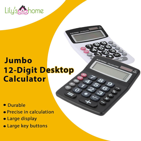Lily' Home Jumbo 12 Digit Desktop Calculator, Solar Power, Large LCD Display, Easy-to-Read Tilted Design