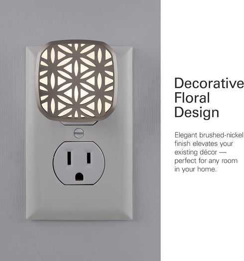 54744, 2 Pack Lights by Night Decorative LED Night Light, Brushed Nickel Flower Design, Plug-in, Dusk to Dawn Sensor