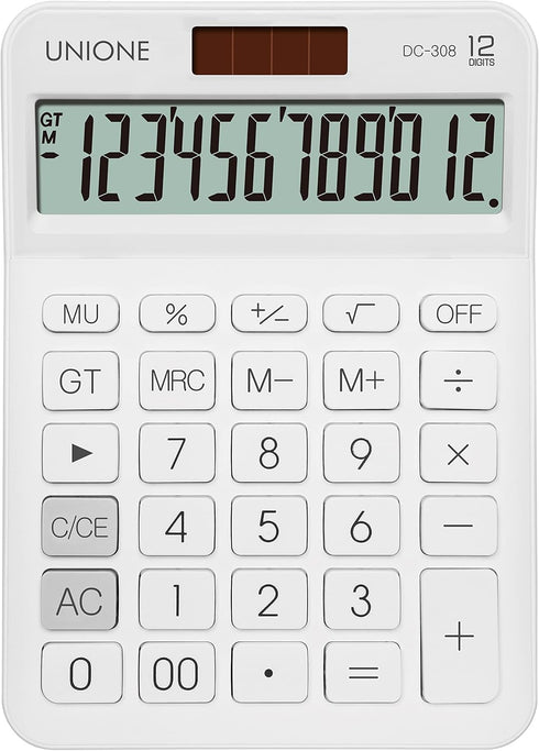 UNIONE Big Size Calculator, Bright LCD, Dual Power Handheld Desktop for Business, Office, High School (White)