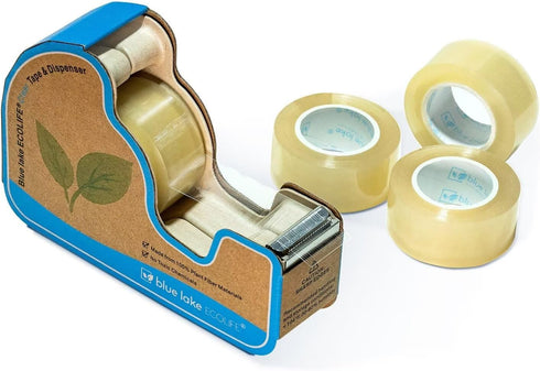 Blue Lake ECOLIFE Plastic Free Tape Dispenser, 4 Rolls Transparent Tape, Desk for Gift Wrapping, Office, Home