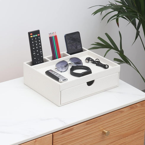 Leather Desk Organizer with Drawers, Home Cosmetics Organizer, Phone Remote Organizer, White