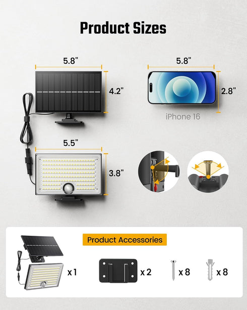 170-LED 16.5FT 3 IP65 2 Pack Mini Solar Lights Outdoor with Motion Sensor, Solar Flood Lights Outdoor Dusk to Dawn