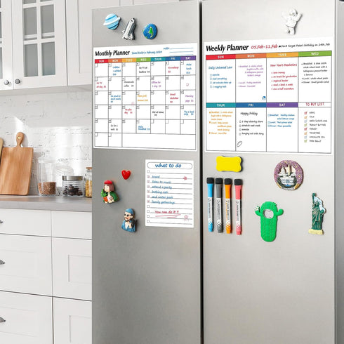 Dry Erase Magnetic Calendar for Refrigerator, 3 Pack - Monthly, Weekly, Daily Planner Magnet Whiteboard, 14"x11"