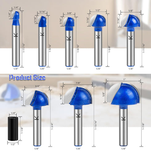 SMJXTOP 8Pcs Set 1/4 Inch Bit-1/4 5/16" 3/8" 1/2" 5/8" 3/4" 7/8" 1" Cove Box Round Nose Router Bit Shank, Carbide